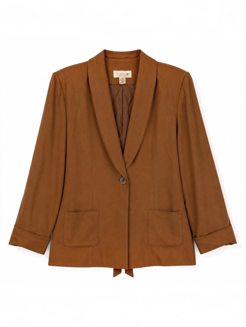Vintage 90s Brown Silk Herringbone Tie Back Blazer 14